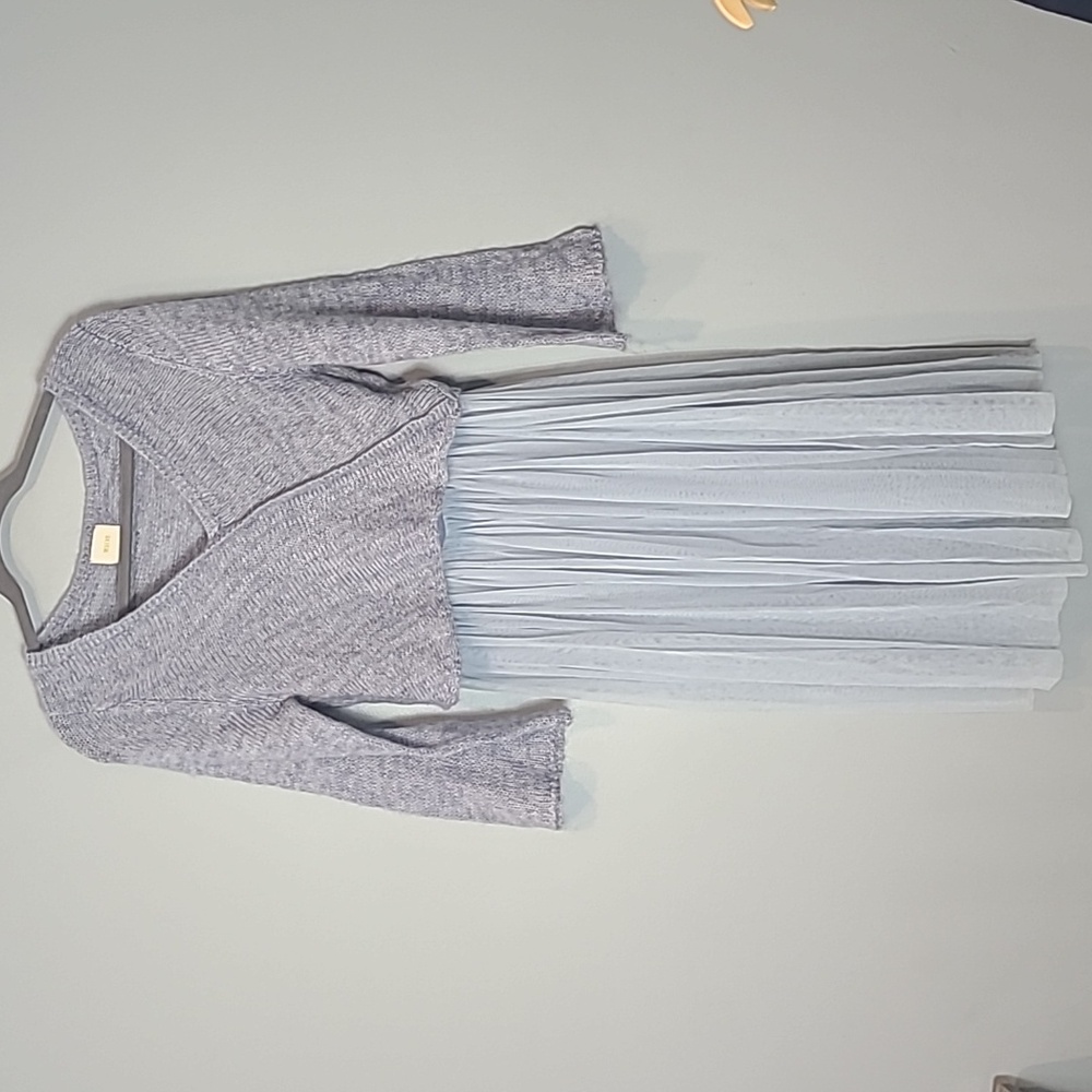 Anthropologie Lavender Knit Wrap Top with Pale Blue Pleated Skirt Dress